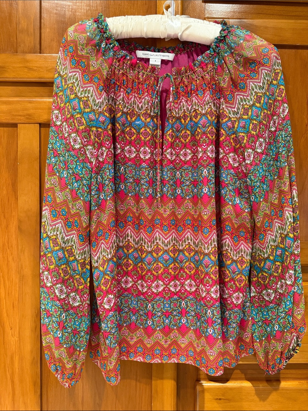Colorful Boho Pink Floral Silk Peasant Top